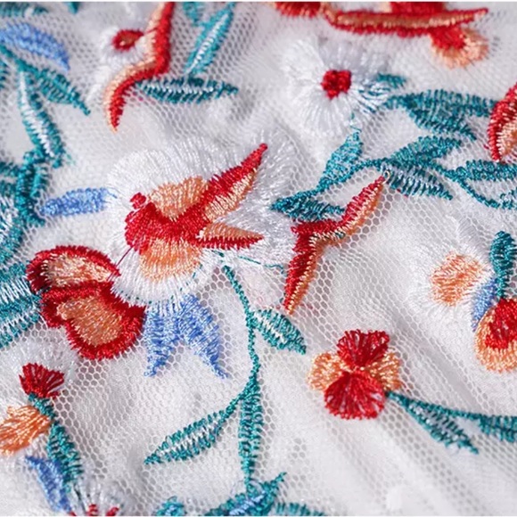 White Cleo Cotton Boho Maxi Dress W/Side Slits Hand Embroidered Stitch Coverup - Picture 7 of 9